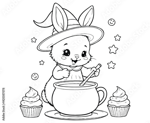 Bunny Stirring Starry Potion with Floating Cupcakes coloring page