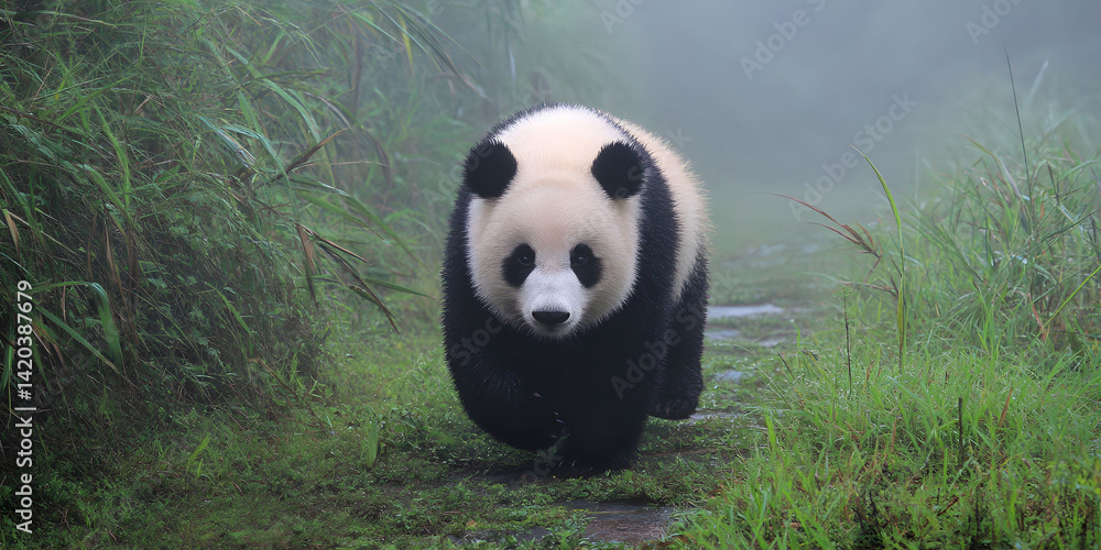Obraz premium A Majestic Panda Walks Through Misty Bamboo Forest