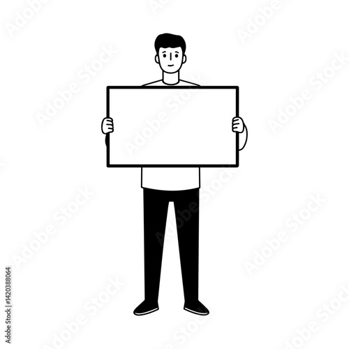 A simple line drawing of a young man standing holding a blank whiteboard in both hand