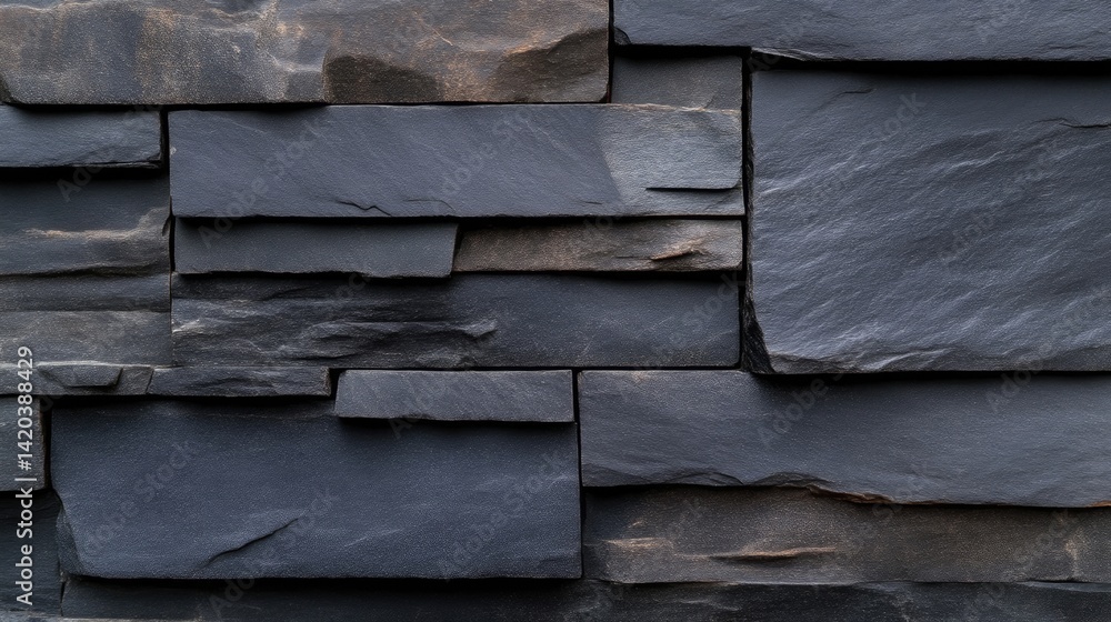 Dark gray stone wall texture. Close-up view of interlocking rectangular stone panels in a variety of shades of dark gray, creating a modern, rustic design Dark gray stone wall texture. Close-up view of interlocking rectangular stone panels in a variety of shades of dark gray, creating a modern, rustic design