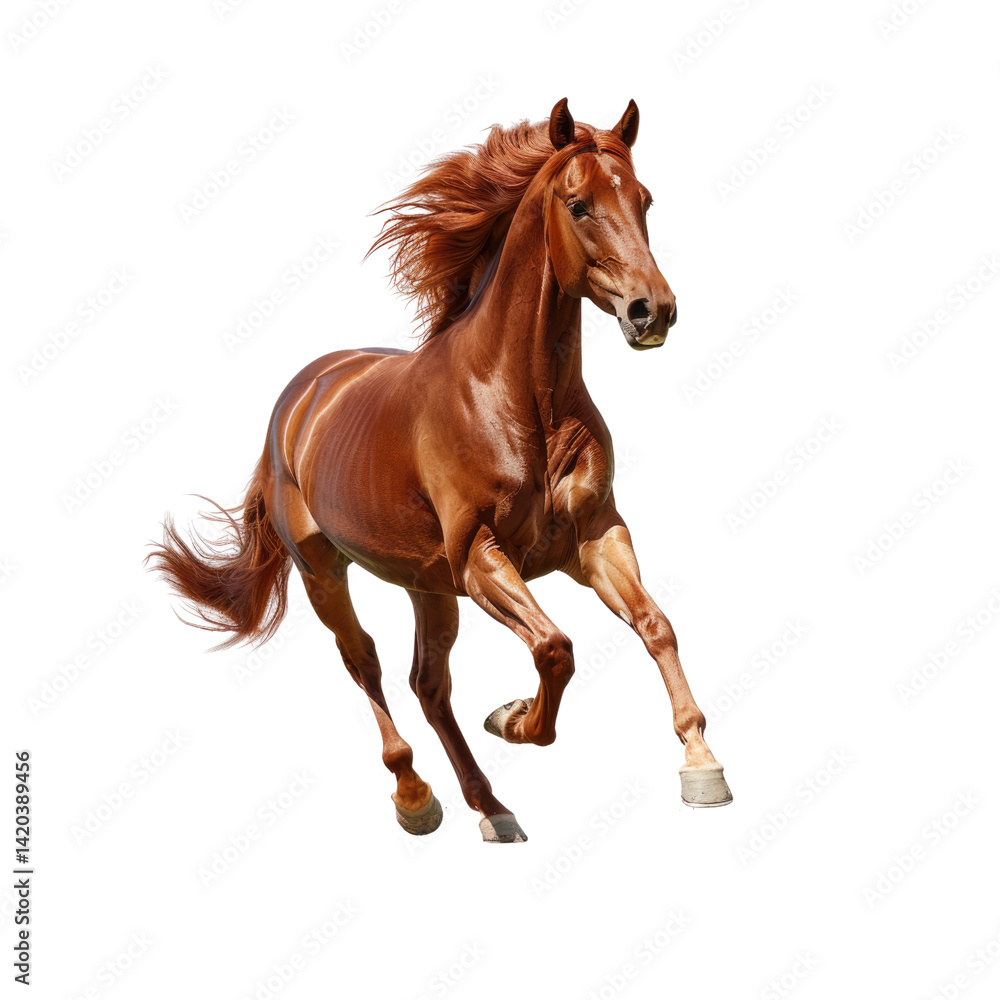 A chestnut horse's breathtaking gallop across a bright white background, showcasing its powerful stride and flowing mane. A chestnut horse's breathtaking gallop across a bright white background, showcasing its powerful stride and flowing mane.