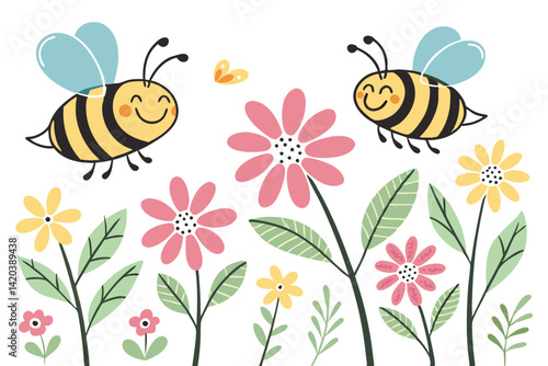 91 Cartoon bees, colorful flowers, pink daisies, cheerful insects, whimsical pattern, bright yellow petals, green leaves, blue wings, repeating design, white background, playful illustration, children