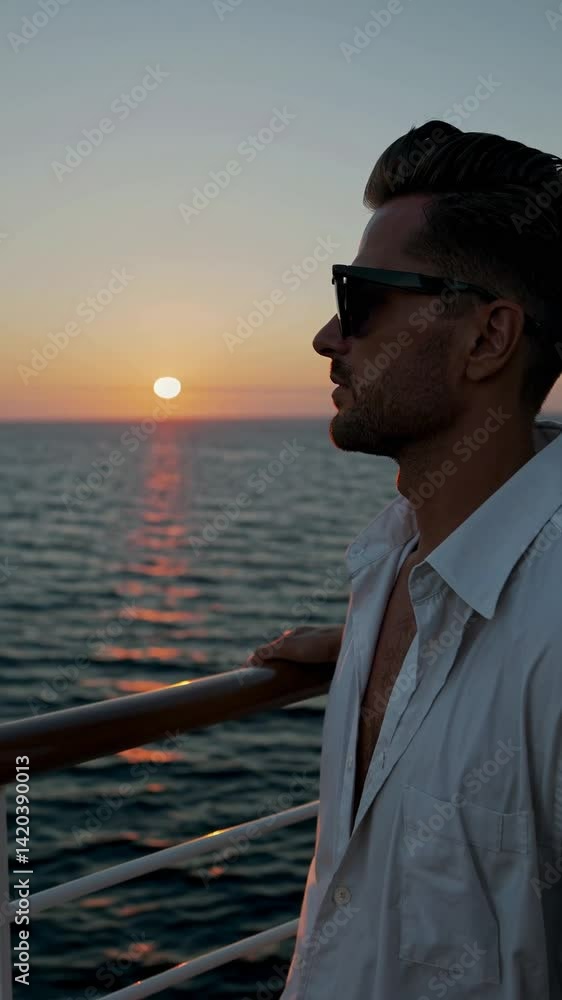 custom made wallpaper toronto digitalAn attractive man in stylish sunglasses stands confidently on top deck of a luxurious cruise ship, his gaze fixed on horizon as sun sets in a blaze of golden hues