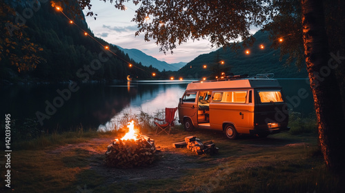 As the sun sets over the lake, a vintage van is parked nearby, with a glowing campfire, a cozy chair, and string lights draped between trees, all framed by forested mountains.