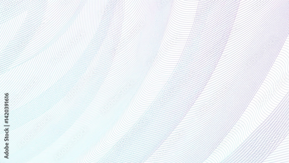 Turquoise, purple draped net on wavy subtle curves. Abstract cheque, ticket, banner, certificate template. Colored watermark pattern. Guilloche art line design. White background flowing texture Turquoise, purple draped net on wavy subtle curves. Abstract cheque, ticket, banner, certificate template. Colored watermark pattern. Guilloche art line design. White background flowing texture
