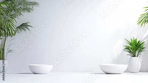 Wallpaper Mural White Bowls Tropical Plants Minimalist Style High-resolution Soft Lighting Wide Angle View Clean Lines Display Serenity White Background Peaceful Mood Product Presentation Torontodigital.ca