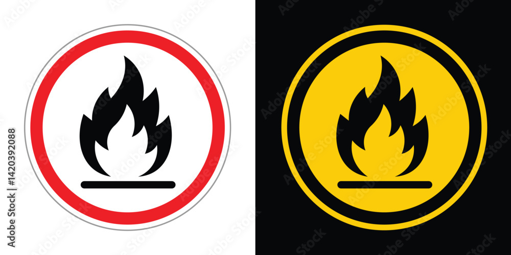 Minimalist flammable safety sign: black flame on line within red/white and yellow/black circular frames. Bold, flat vector design. Symmetrical, front-facing hazard symbol. Minimalist flammable safety sign: black flame on line within red/white and yellow/black circular frames. Bold, flat vector design. Symmetrical, front-facing hazard symbol.