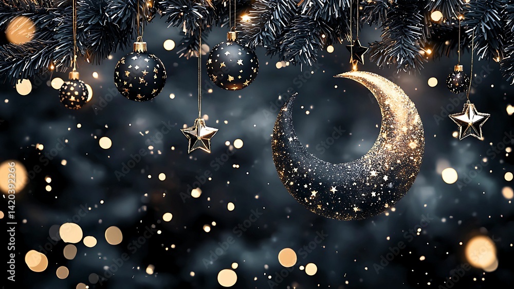 Fototapeta premium Dark Christmas ornaments and crescent moon hanging on a fir branch with bokeh lights in the background.
