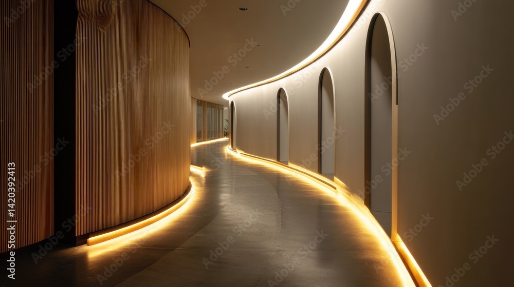 Obraz premium Modern curved hallway with soft LED path 