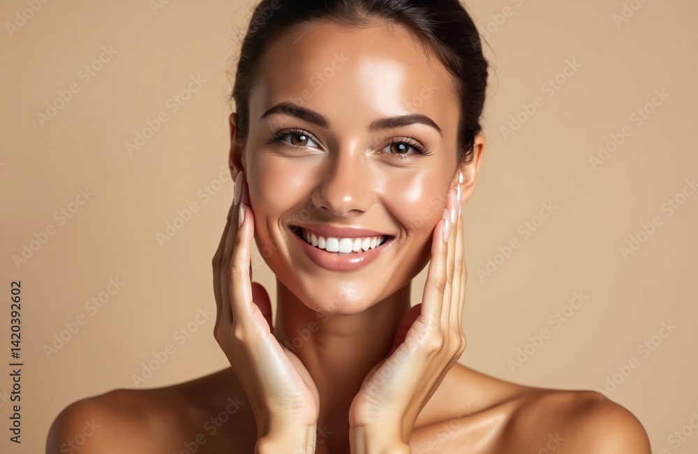 Smiling woman touches flawless glowy skin. Model with perfect makeup smiles at camera. Beauty, skincare, cosmetology concept with healthy face, radiant skin. Perfect teeth. Brunette hair studio shot. Smiling woman touches flawless glowy skin. Model with perfect makeup smiles at camera. Beauty, skincare, cosmetology concept with healthy face, radiant skin. Perfect teeth. Brunette hair studio shot.