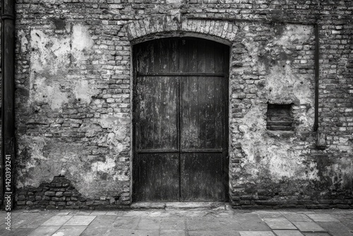 Aged brick wall with weathered wooden door