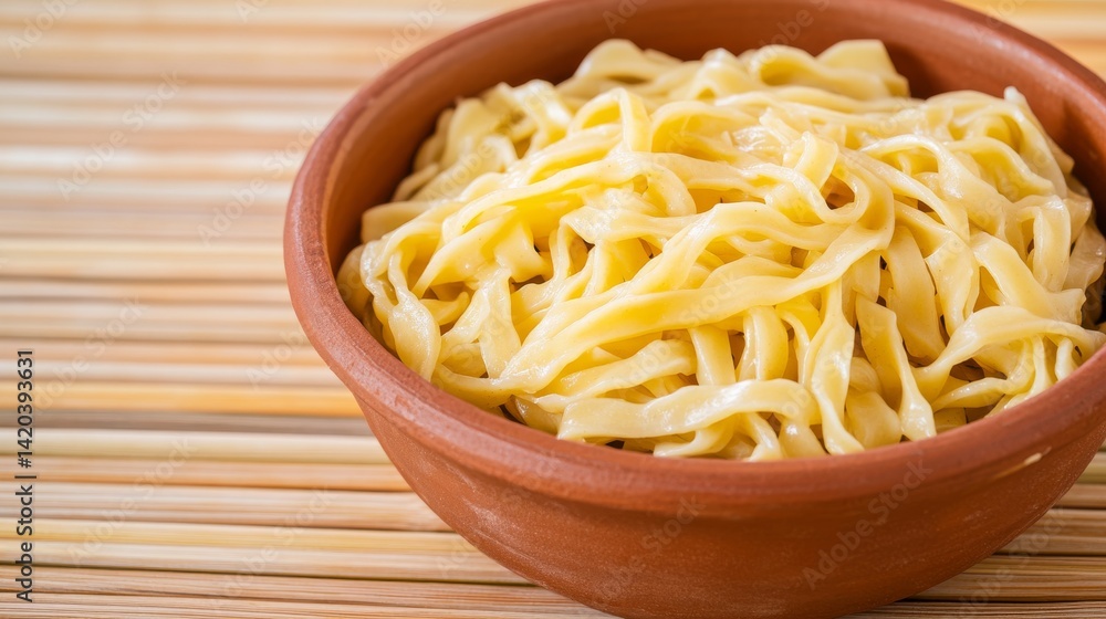 Egg Noodles in Rustic Bowl on Wooden Surface, Pasta , Food Egg Noodles in Rustic Bowl on Wooden Surface, Pasta , Food