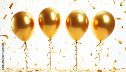 Gold balloons isolated white background. Celebration event decor with shiny metallic design. Festive helium balloons with ribbons, confetti. Happy birthday, wedding New Year party concept. Luxury