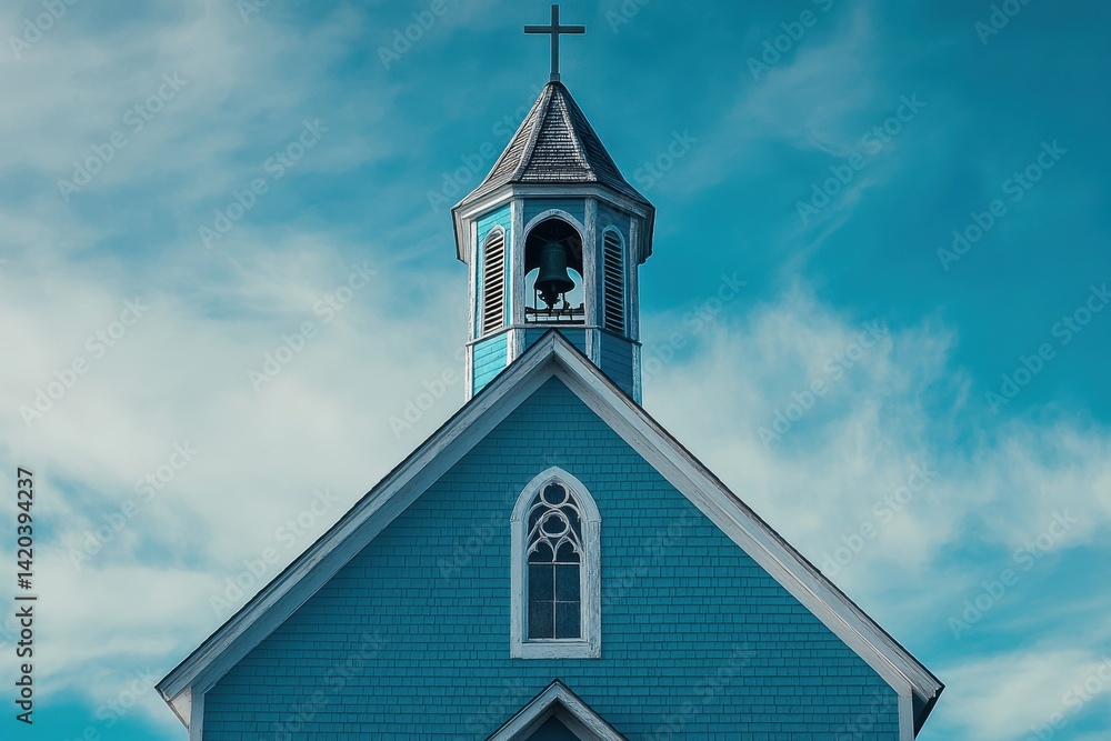 Fototapeta premium Colonial New England Church: Artistic Architecture with Bell Tower Under a Blue Sky