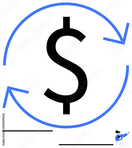 Black dollar sign encircled by two blue arrows indicating movement small figure pointing up in corner. Ideal for finance, investments, budgeting, savings, cash flow, transactions, flat simple