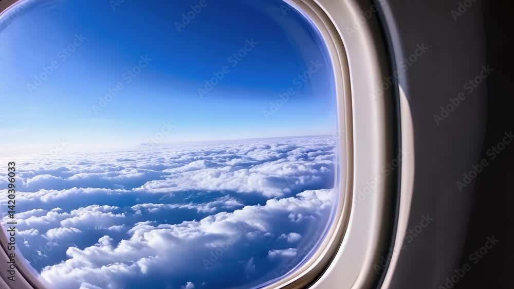 View from an airplane window with fluffy white clouds and blue sky outside during daytime flight View from an airplane window with fluffy white clouds and blue sky outside during daytime flight