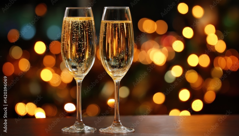 Champagne glasses toasting against bokeh light background for celebration moment Champagne glasses toasting against bokeh light background for celebration moment