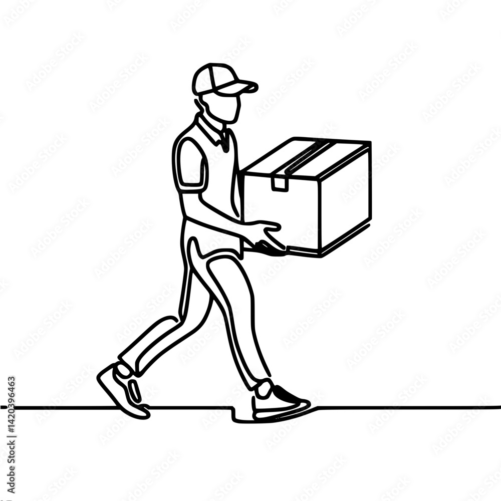 Delivery person carrying a package in a line art style, single outline vector Delivery person carrying a package in a line art style, single outline vector