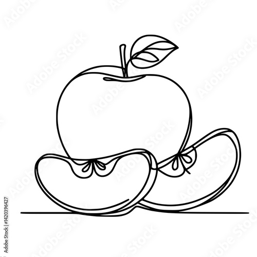 Single line outline drawing of an apple and its slices  