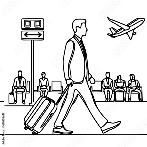 Business traveler walking with suitcase at airport terminal, single line outline vector  