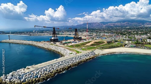 Offshore oil rig activity near Los Angeles California with stunning coastal views under a clear sky, Aerial view of oil rig offshore Los Angeles California