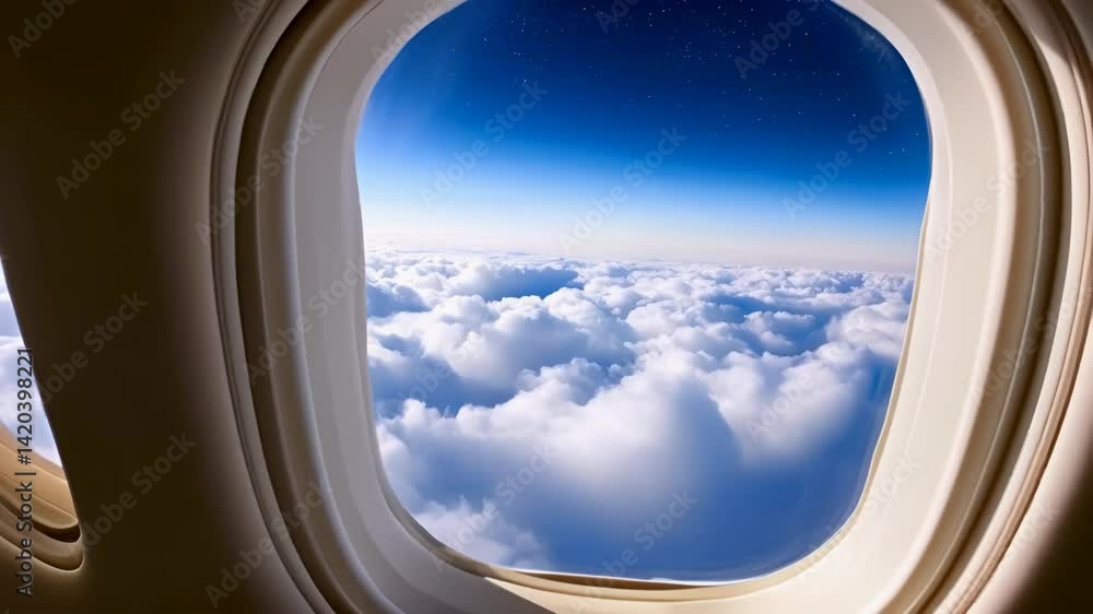 Scenic view from airplane window showcasing stunning sky and magical cloud formations in twilight Scenic view from airplane window showcasing stunning sky and magical cloud formations in twilight