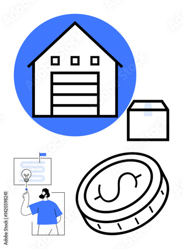 Warehouse with garage door, box, coin, and strategist presenting an idea. Ideal for logistics, supply chain, shipping, investment, planning business models simple landing page