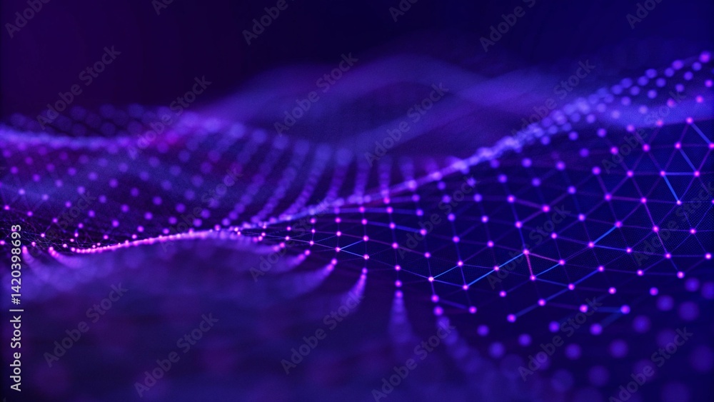 Abstract futuristic wave background. Network connection dots and lines. Digital background. 3d rendering. Modern tech visualization, artificial intelligence concept, glowing neural mesh data Abstract futuristic wave background. Network connection dots and lines. Digital background. 3d rendering. Modern tech visualization, artificial intelligence concept, glowing neural mesh data