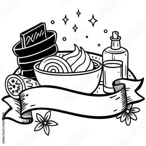 Spa Day Essentials:  A hand-drawn illustration showcasing a bowl of creamy spa treatment, a bottle of essential oil, and other spa-related items, presented on a banner for customizable text.
