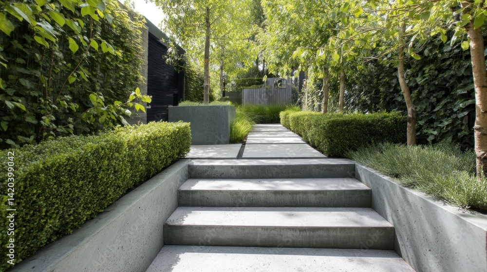 Modern garden entrance with concrete steps and trimmed hedges Modern garden entrance with concrete steps and trimmed hedges