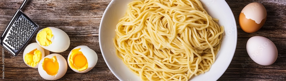 Overhead Shot Noodles and Eggs Ready to Eat on Wooden Table, food photography, meal preparation Overhead Shot Noodles and Eggs Ready to Eat on Wooden Table, food photography, meal preparation