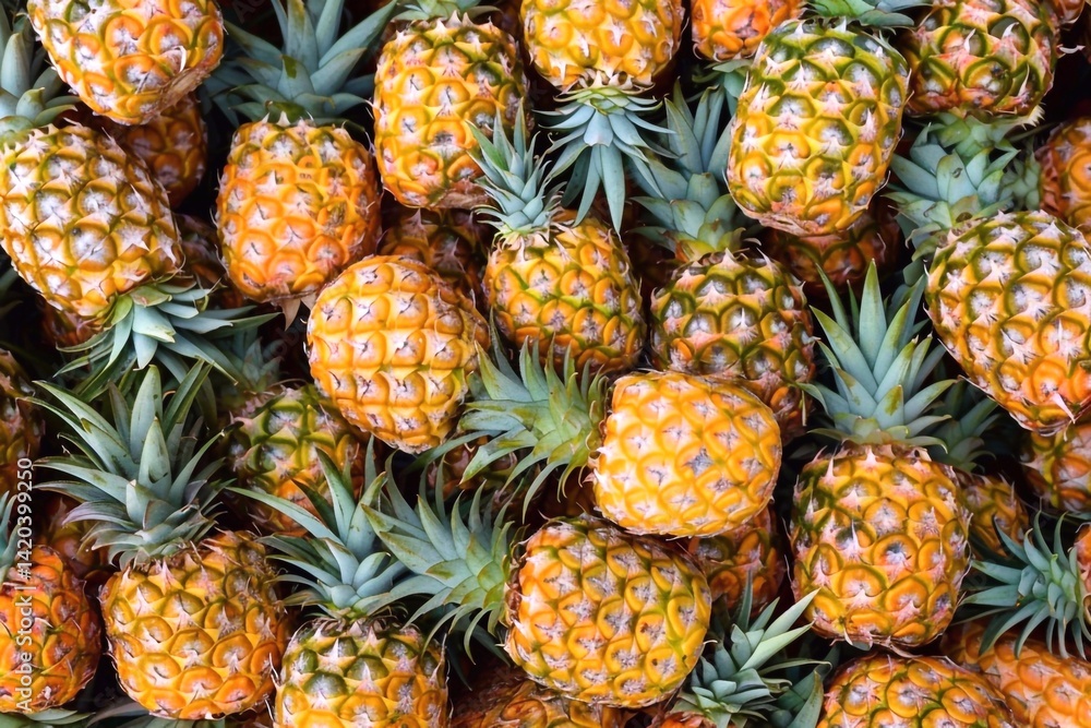 Pineapples background. Top view of pineapple fruit background. Generative AI Pineapples background. Top view of pineapple fruit background. Generative AI