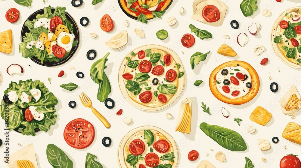 Artistic pizza and salad arrangement featuring fresh ingredients on a white surface Artistic pizza and salad arrangement featuring fresh ingredients on a white surface