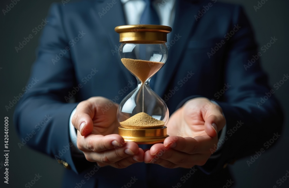 Businessman in suit holding hourglass. Symbol time is money. Business man managing time concept. Time passing, deadline, urgency, efficiency, productivity, schedule, work, concept of finance.
