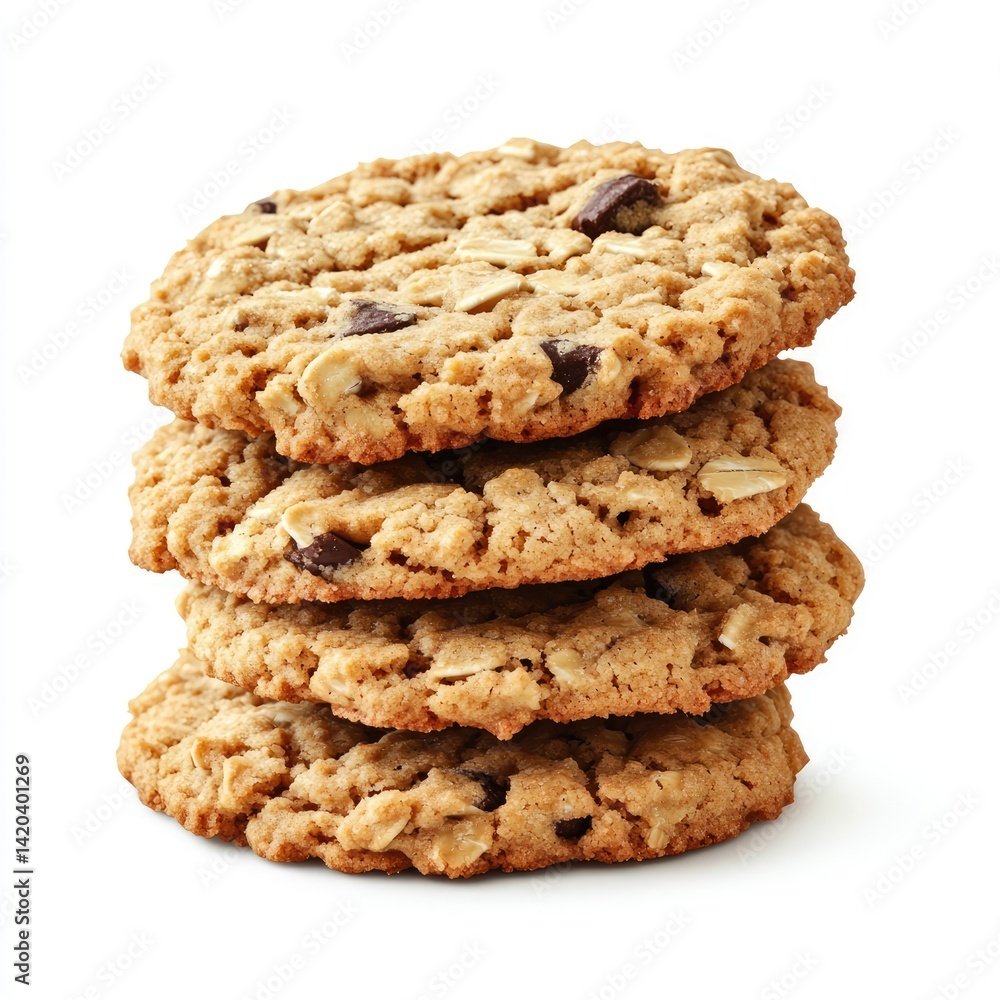 A stack of four oatmeal chocolate chip cookies on a white background in a studio setting close up A stack of four oatmeal chocolate chip cookies on a white background in a studio setting close up
