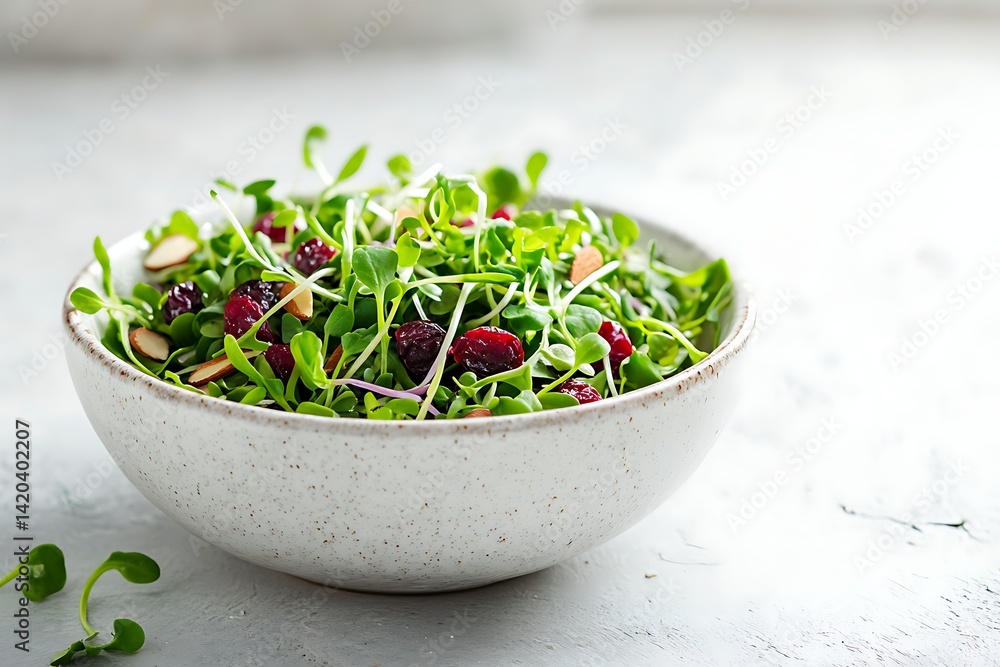 A white bowl filled with fresh microgreen salad with cranberries and almonds. A white bowl filled with fresh microgreen salad with cranberries and almonds.