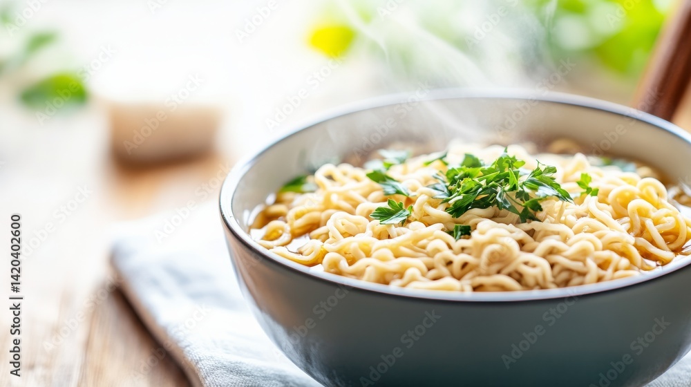 Steaming Ramen Bowl Topped with Parsley, cuisine, noodle Steaming Ramen Bowl Topped with Parsley, cuisine, noodle