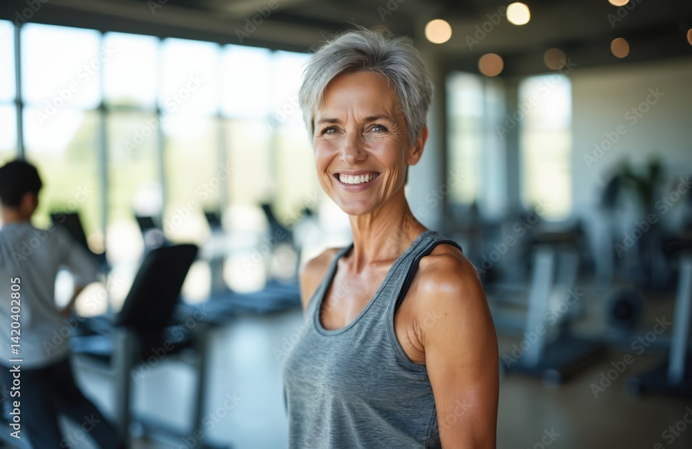 Fototapeta premium Mature woman smiles at camera in gym. Happy female in 50s keeps fit after training. Sportswoman with grey hair exercises in fitness studio. Active lifestyle, positive attitude.