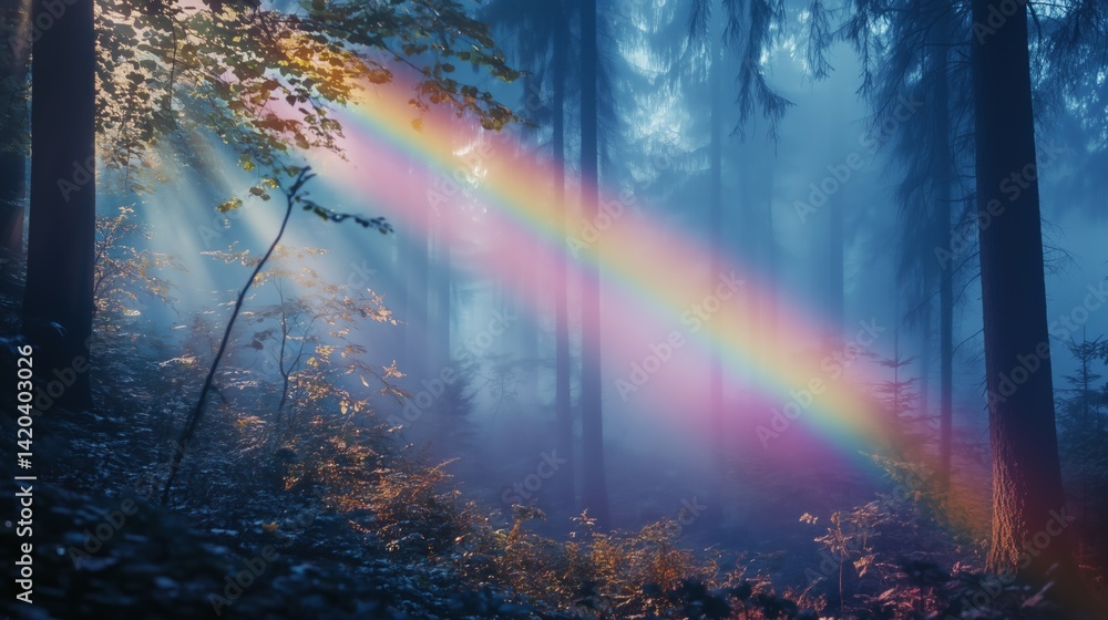 A serene forest scene with a vibrant rainbow arching through misty trees. Sunlight filters through the foliage, creating a magical atmosphere. A serene forest scene with a vibrant rainbow arching through misty trees. Sunlight filters through the foliage, creating a magical atmosphere.
