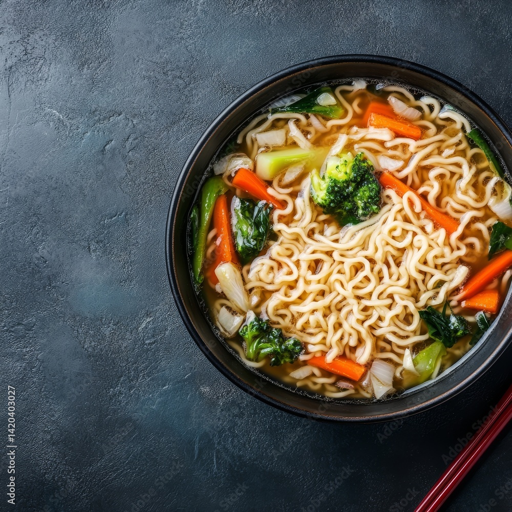 Top-Down Bowl of Ramen with Chopsticks, Noodles and Vegetables on Dark Surface , Asian food , meal Top-Down Bowl of Ramen with Chopsticks, Noodles and Vegetables on Dark Surface , Asian food , meal