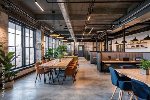 Modern Industrial Coworking Space Featuring Versatile Work Areas and Stylish Design