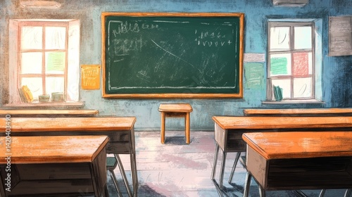 Vintage-Style Classroom Illustration with Chalkboard and Wooden Desks