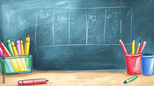 Colorful Drawing on Blackboard with School Supplies and Crayons in a Classroom Setting