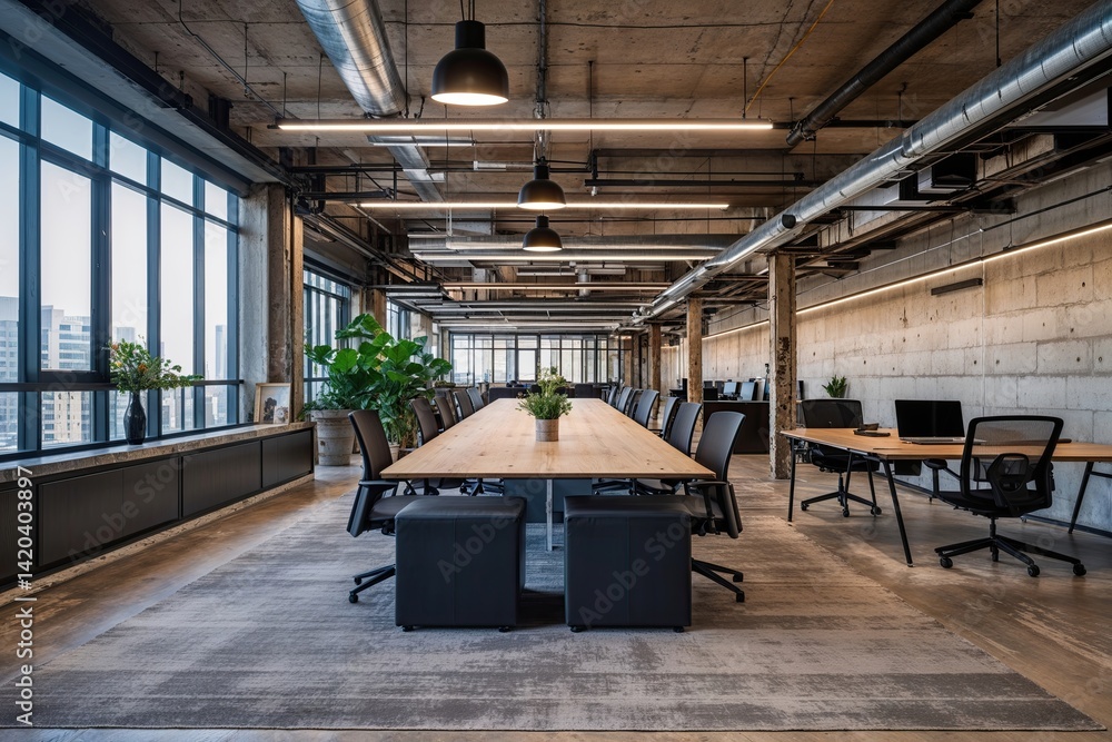 Modern Urban Industrial Coworking Space with Minimalist Design and Open Workspace