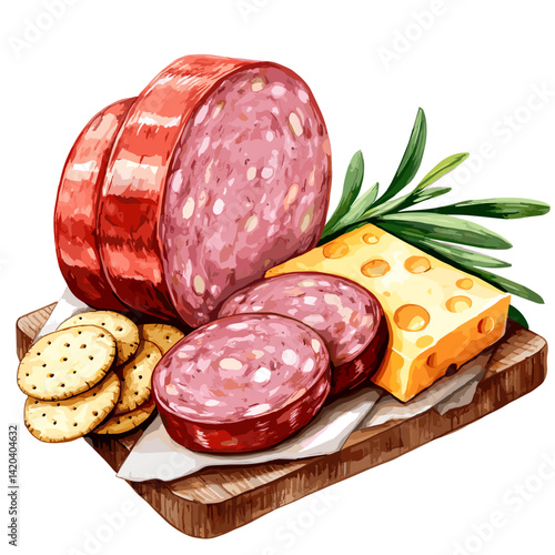 Garlic Ring Bologna with Cheese, Crackers and Herbs