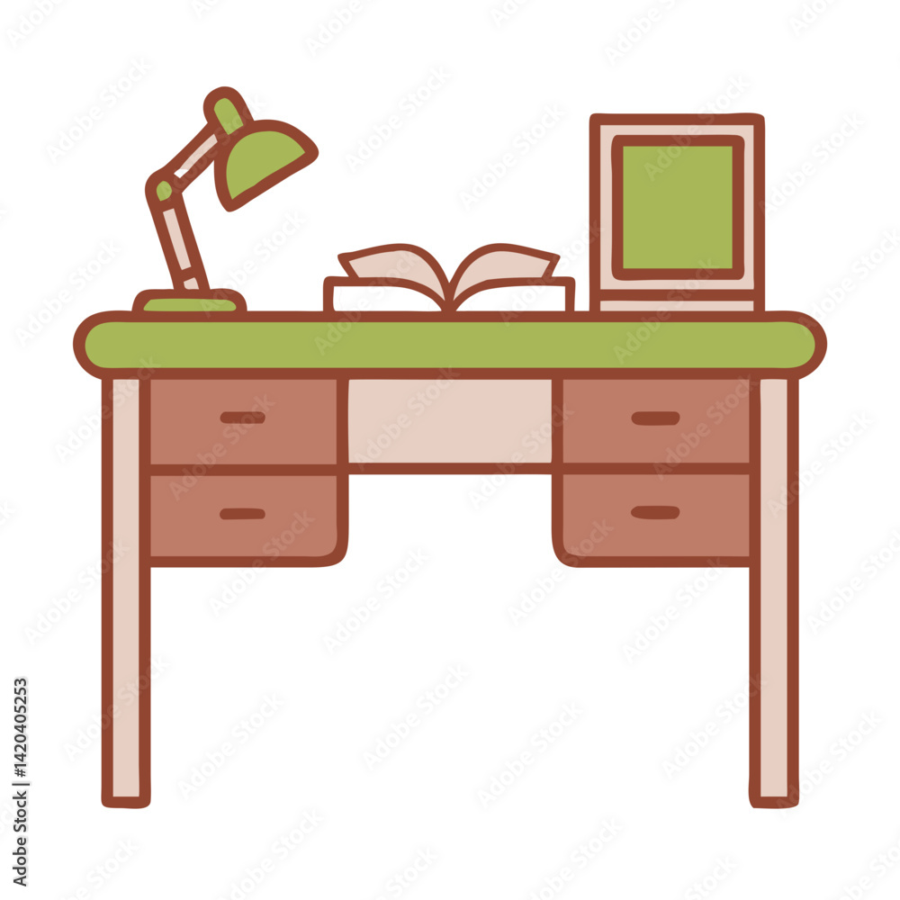 A neat desk setup featuring a green-top desk with drawers, a desk lamp, an open book, and a computer monitor. Perfect for reading, studying, or working from home. A neat desk setup featuring a green-top desk with drawers, a desk lamp, an open book, and a computer monitor. Perfect for reading, studying, or working from home.