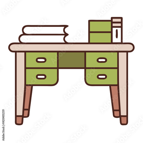 A classic wooden desk with green drawers, stacked with books and a file binder. Perfect for a study or reading nook setup.