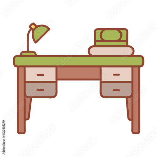 A simple and charming cartoon desk with a green tabletop, books stacked on one side, and a green desk lamp. The design uses warm earthy colors for a cozy look.