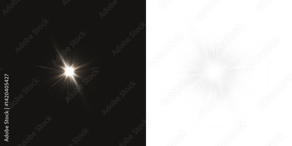 Naklejka premium Vector transparent sunlight with sun glare. Overlay, Sun rays and glare, Sun, sunrays, light transitions, lens flare, light leaks and glare in PNG format. PNG sunlight flare. Golden flash and glare.