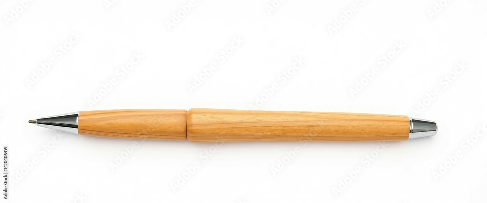 Naklejka premium Eleganter Kugelschreiber aus hellem Holz mit silbernen Akzenten auf Weiß. Natürliches Schreibgerät für Büro und Alltag.
